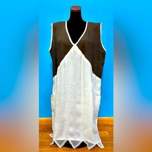 LUISELLE linen dress made in Italy, large, brown and white w/ linen lace bottom